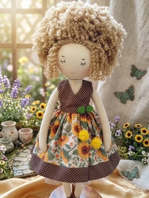 Boneca de cachos loiros curtos com vestido de girassóis e barra de bolinhas