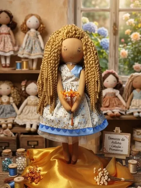 Boneca de cachos longos loiros com vestido azul claro